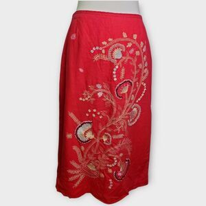 Richard Malcolm Embroidered Red Linen Skirt Size 10